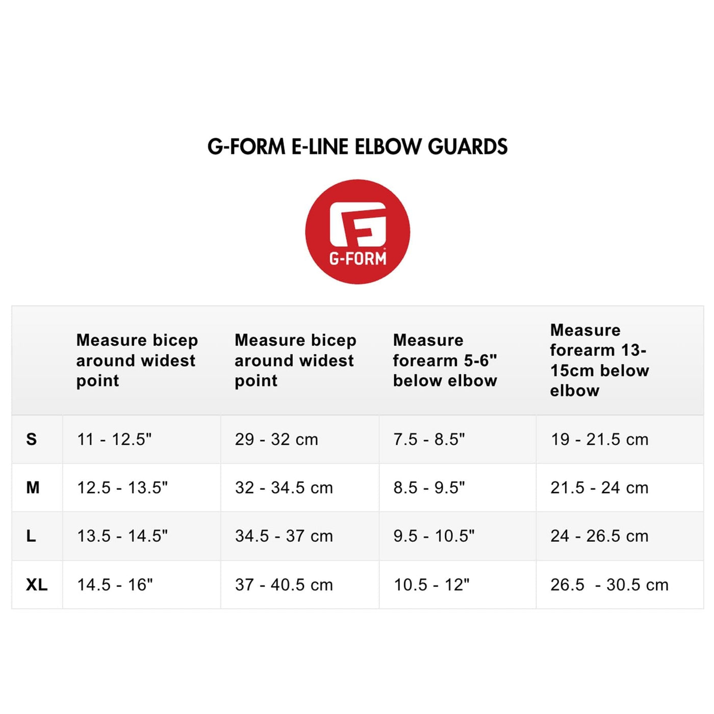 G-FORM E-LINE ELBOW GUARDS SIZE CHART