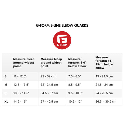 G-FORM E-LINE ELBOW GUARDS SIZE CHART