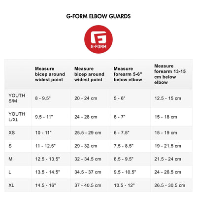G-FORM ELBOW GUARDS SIZE CHART