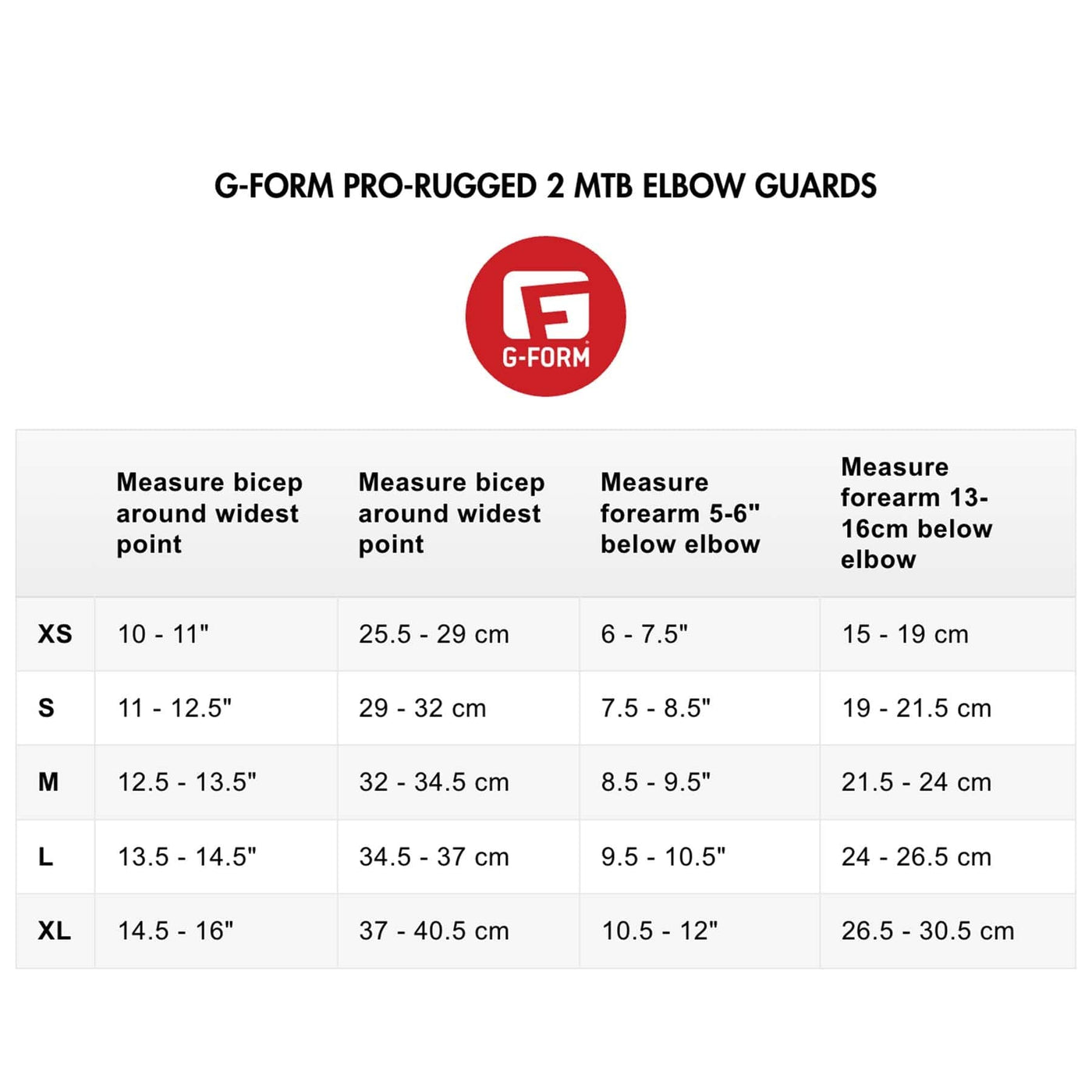 G-FORM PRO-RUGGED 2 MTB ELBOW GUARDS SIZE CHART 