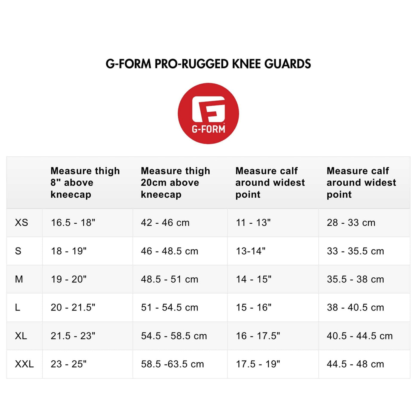 G-FORM PRO-RUGGED KNEE GUARDS SIZE CHART