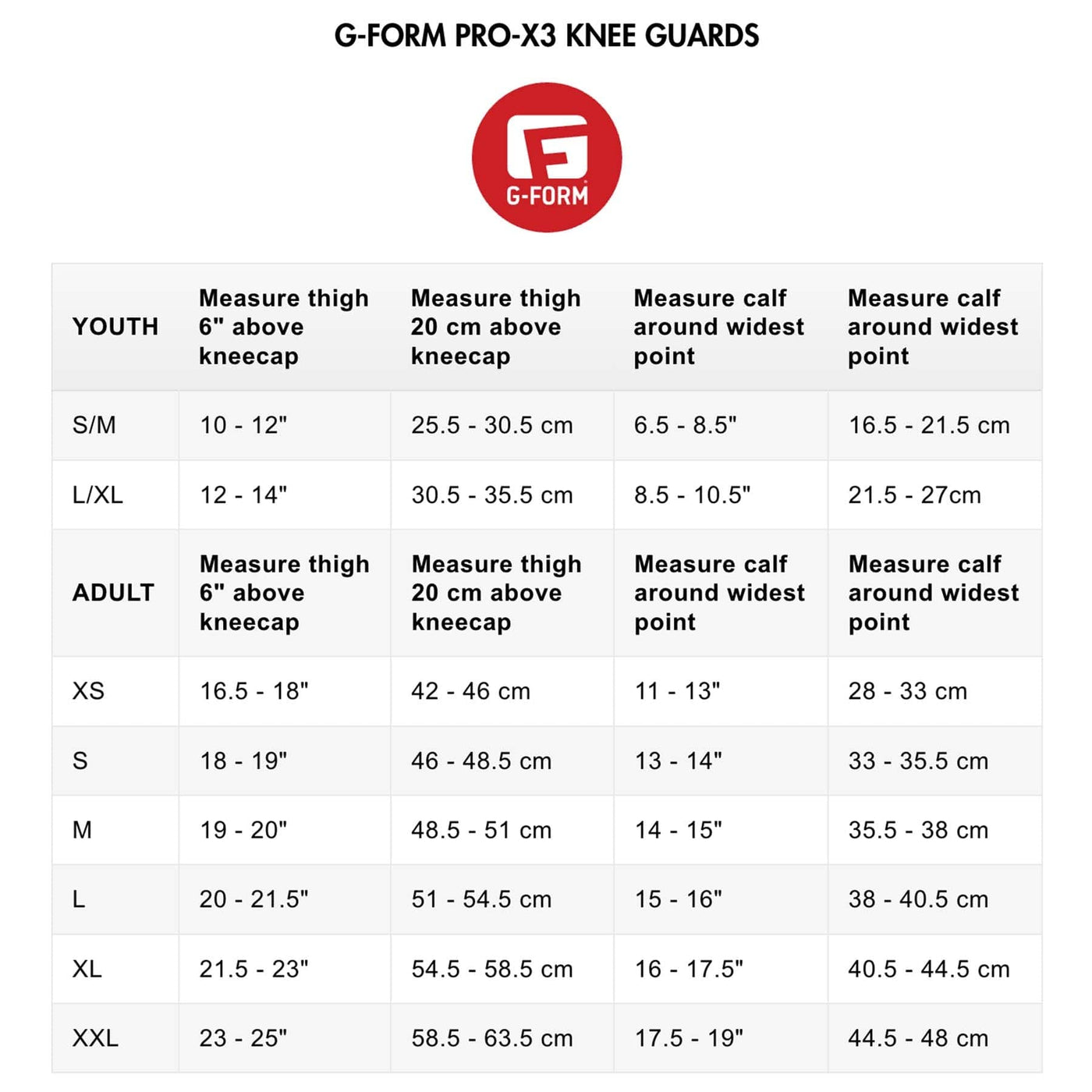 G-FORM PRO-X3 KNEE GUARDS SIZE CHART