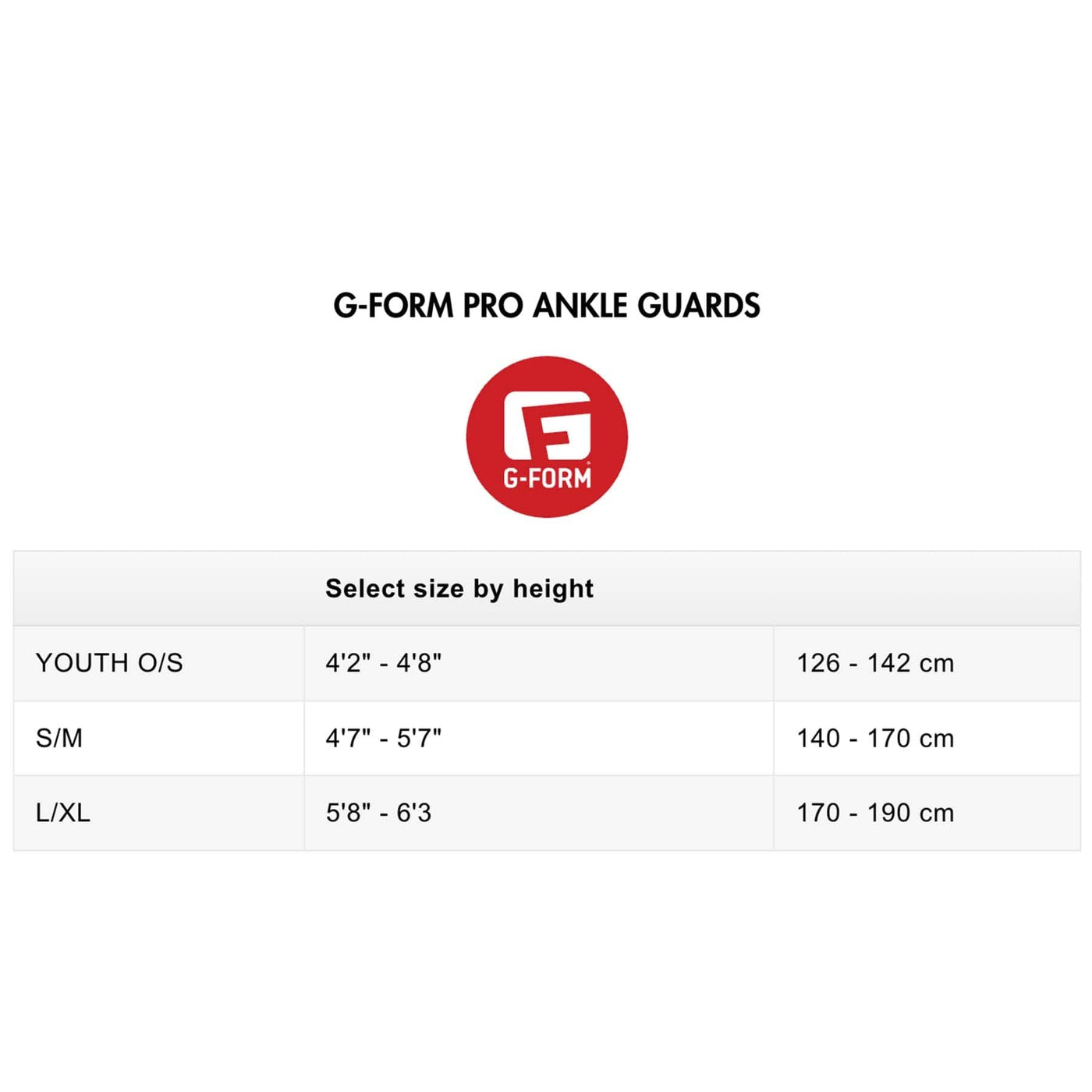 G-FORM PRO ANKLE GUARDS SIZE CHART