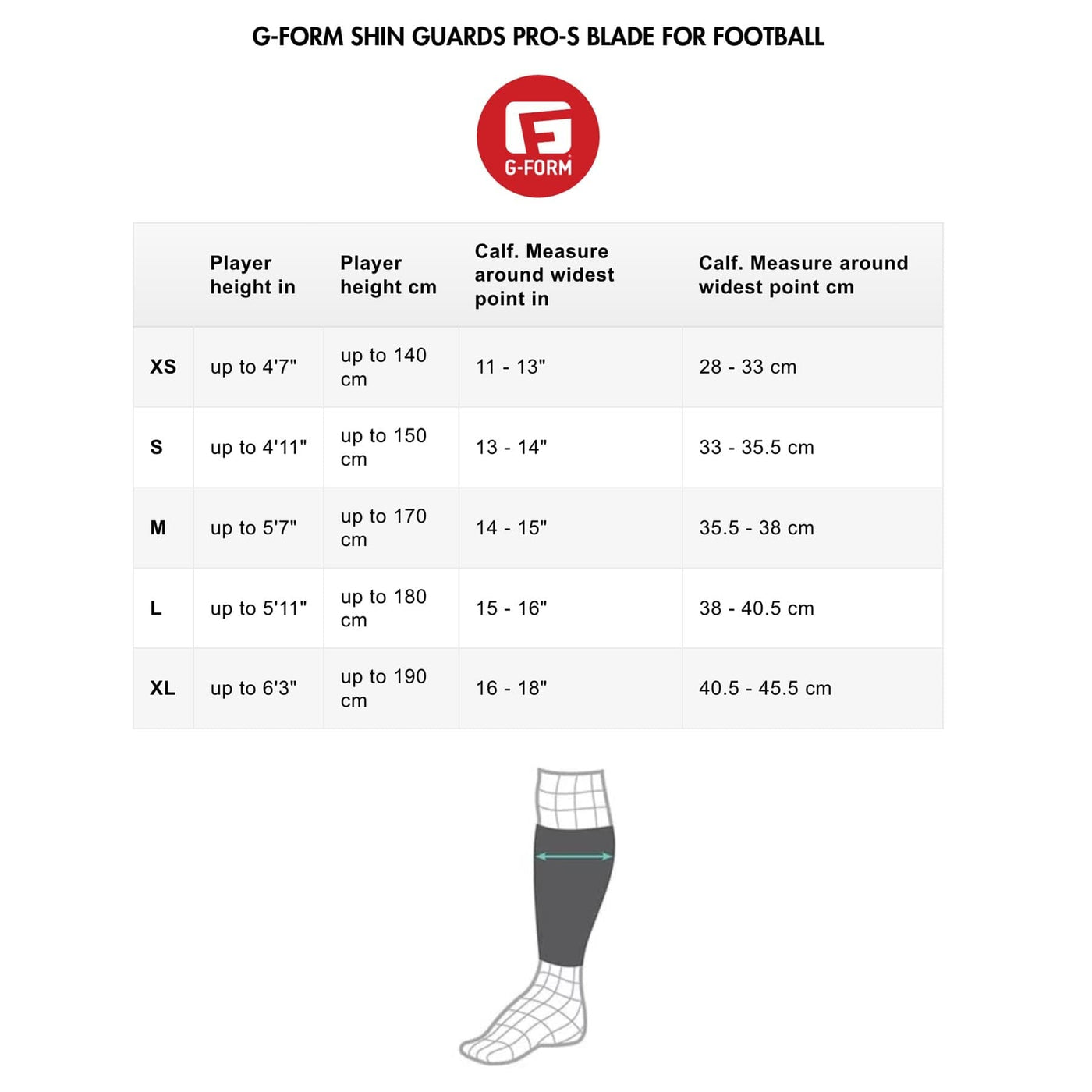 G-FORM SHIN GUARDS PRO-S BLADE FOR FOOTBALL SIZE CHART
