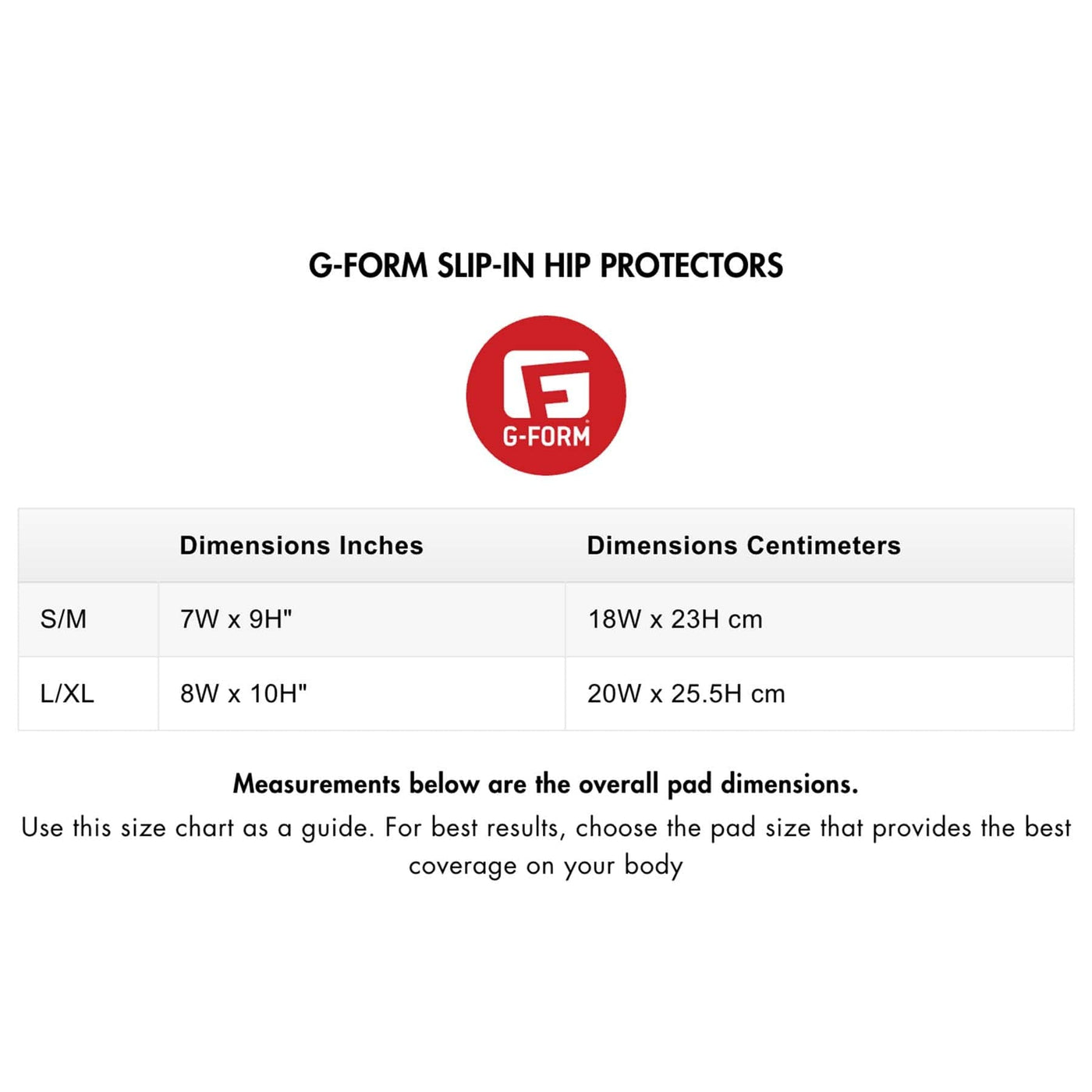 G-FORM SLIP-IN HIP PROTECTORS SIZE CHART