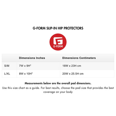 G-FORM SLIP-IN HIP PROTECTORS SIZE CHART