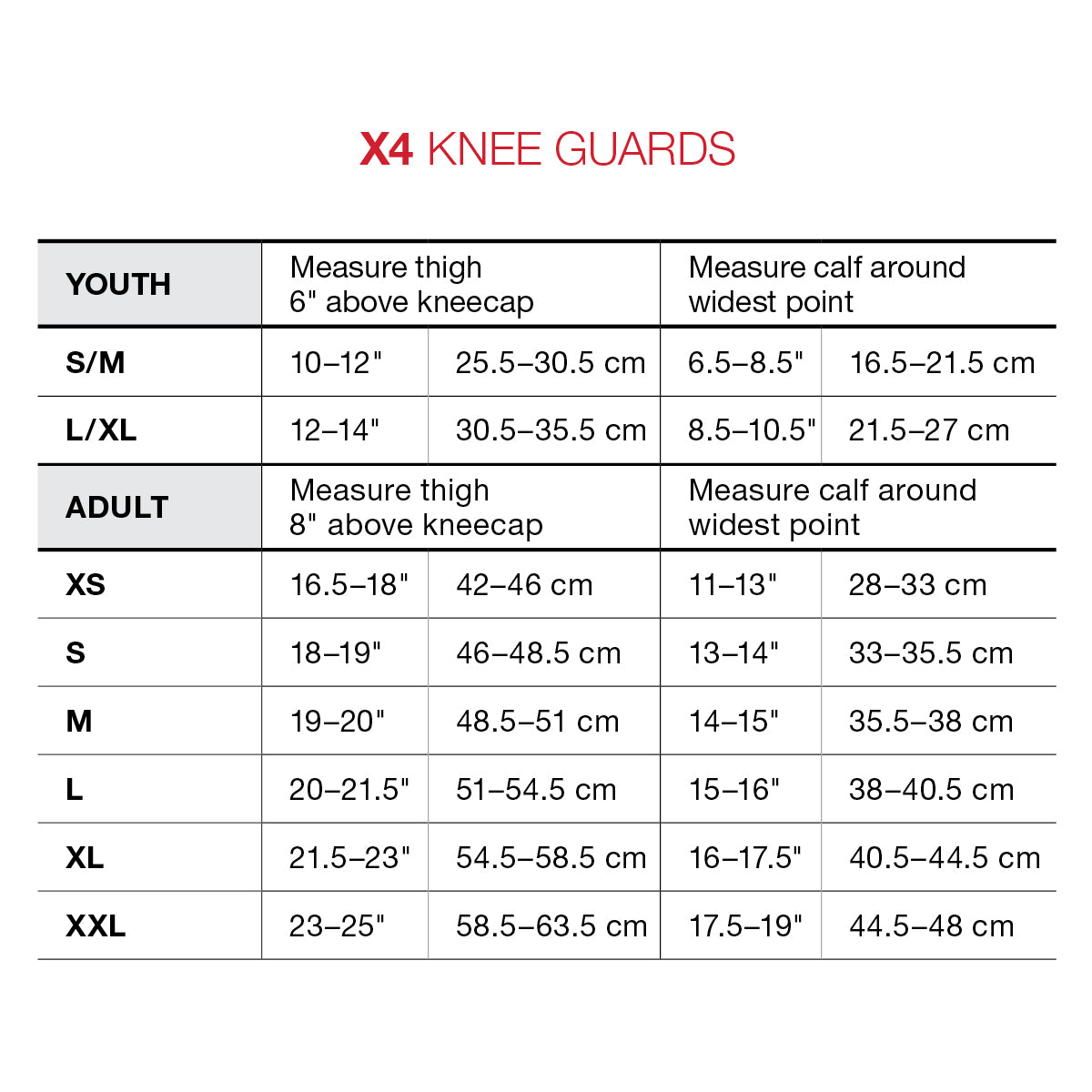 G-Form Knee Pads Pro-X4 - size chart | 8Lines Shop - Fast Shipping World Wide