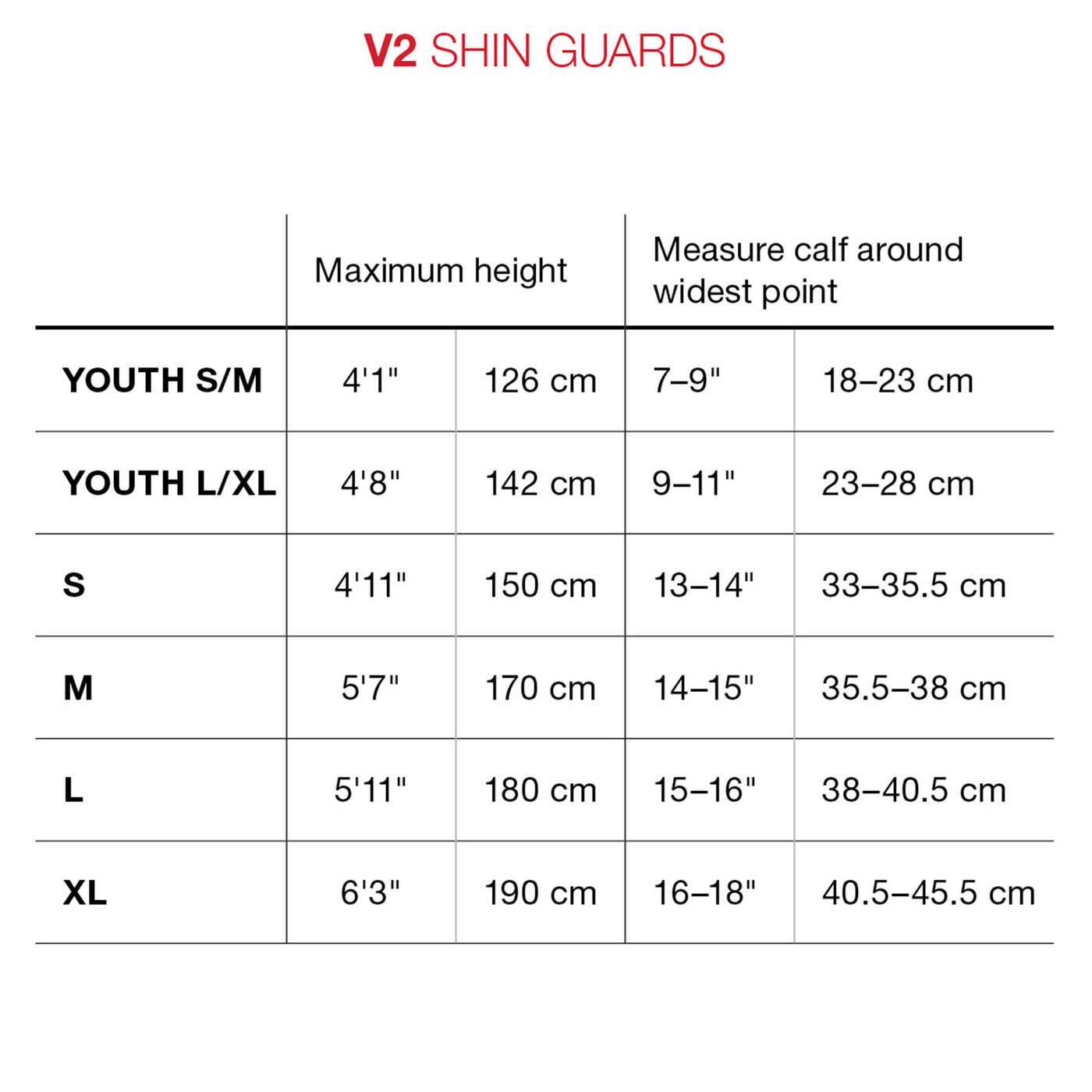 G-Form Youth V2 Shin Guards for Football - Size Chart | 8Lines Shop - Fast Shipping World Wide