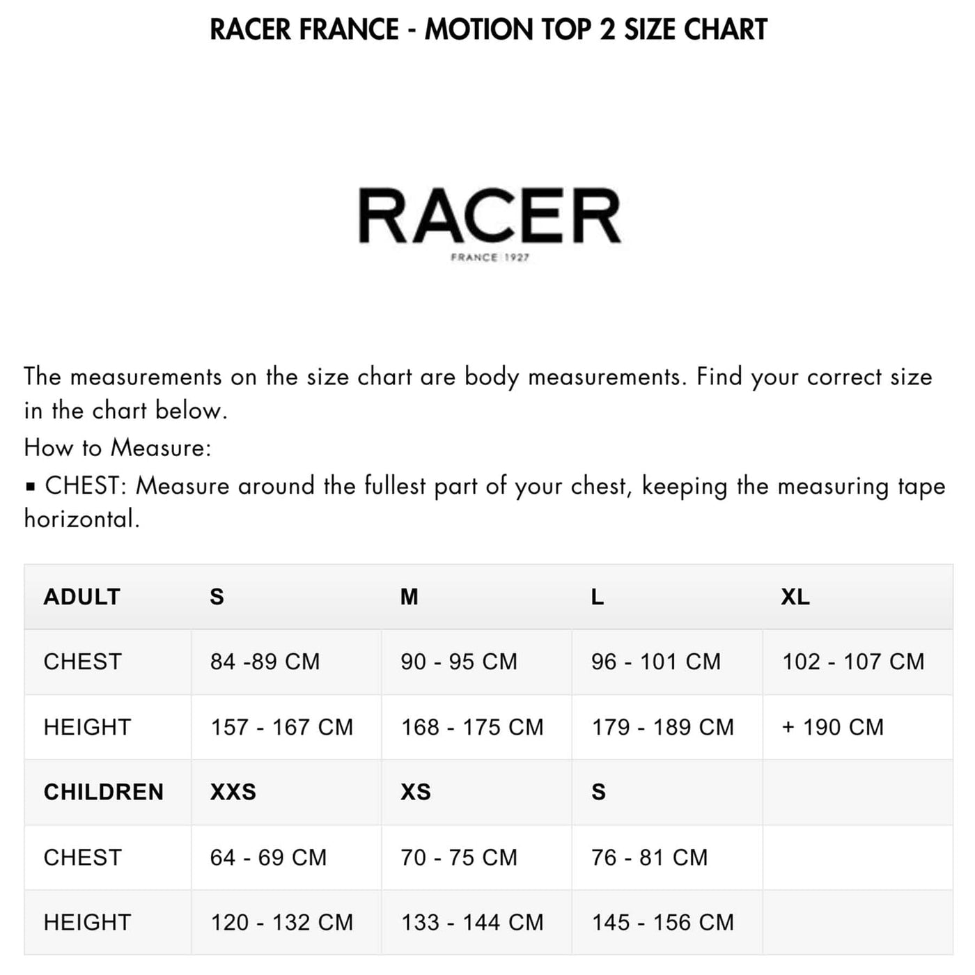 RACER FRANCE - MOTION TOP 2 SIZE CHART | 8Lines.eu