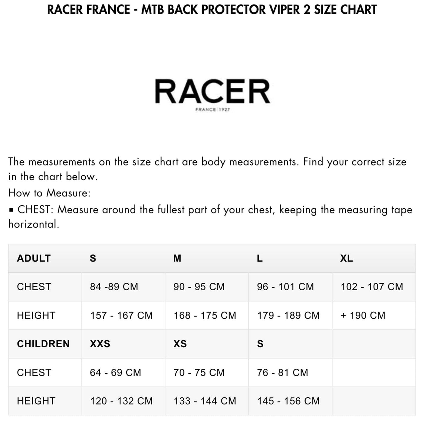 RACER FRANCE - MTB BACK PROTECTOR VIPER 2 SIZE CHART | 8Lines.eu