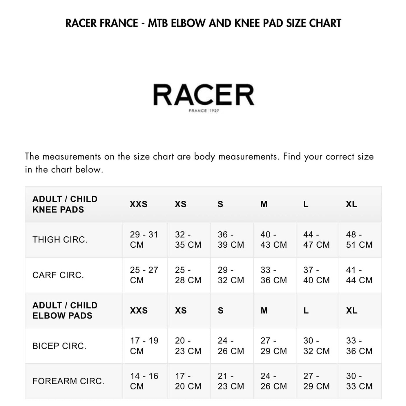 RACER FRANCE - MTB ELBOW AND KNEE PAD SIZE CHART | 8Lines.eu