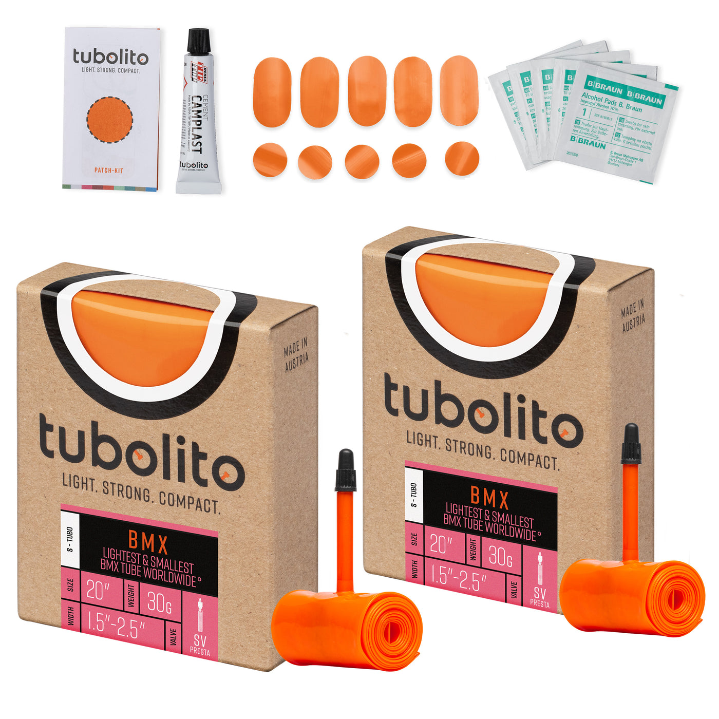 Tubolito Bundle S-Tubo-BMX 20" x 1.5-2.5" 42mm Presta + Patch Kit - Orange | 8Lines Shop - Fast Shipping World Wide