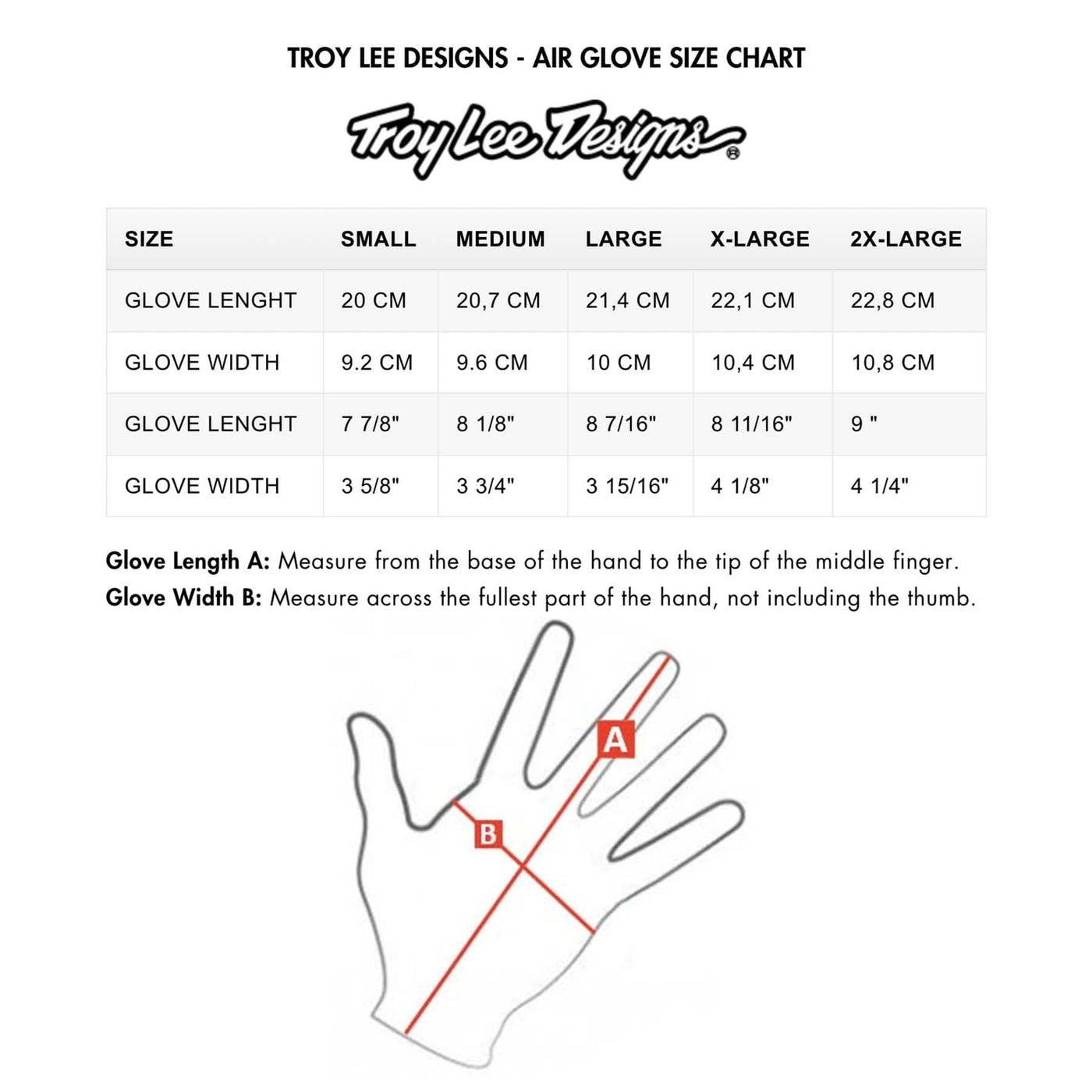 TROY LEE DESIGNS - AIR GLOVE SIZE CHART