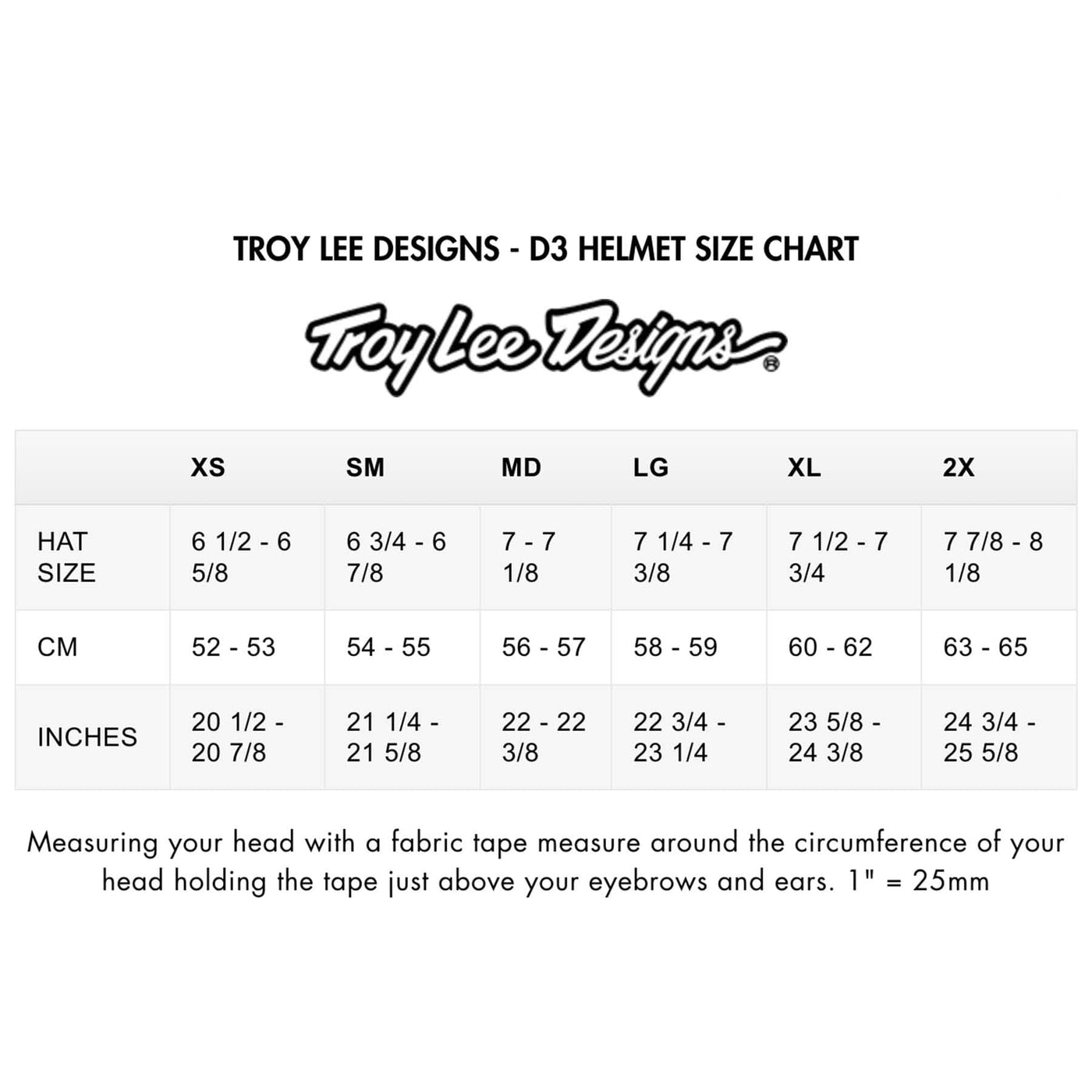 TROY LEE DESIGNS - D3 HELMET SIZE CHART