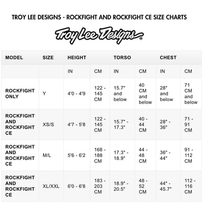 TROY LEE DESIGNS - ROCKFIGHT AND ROCKFIGHT CE SIZE CHARTS | 8Lines.eu