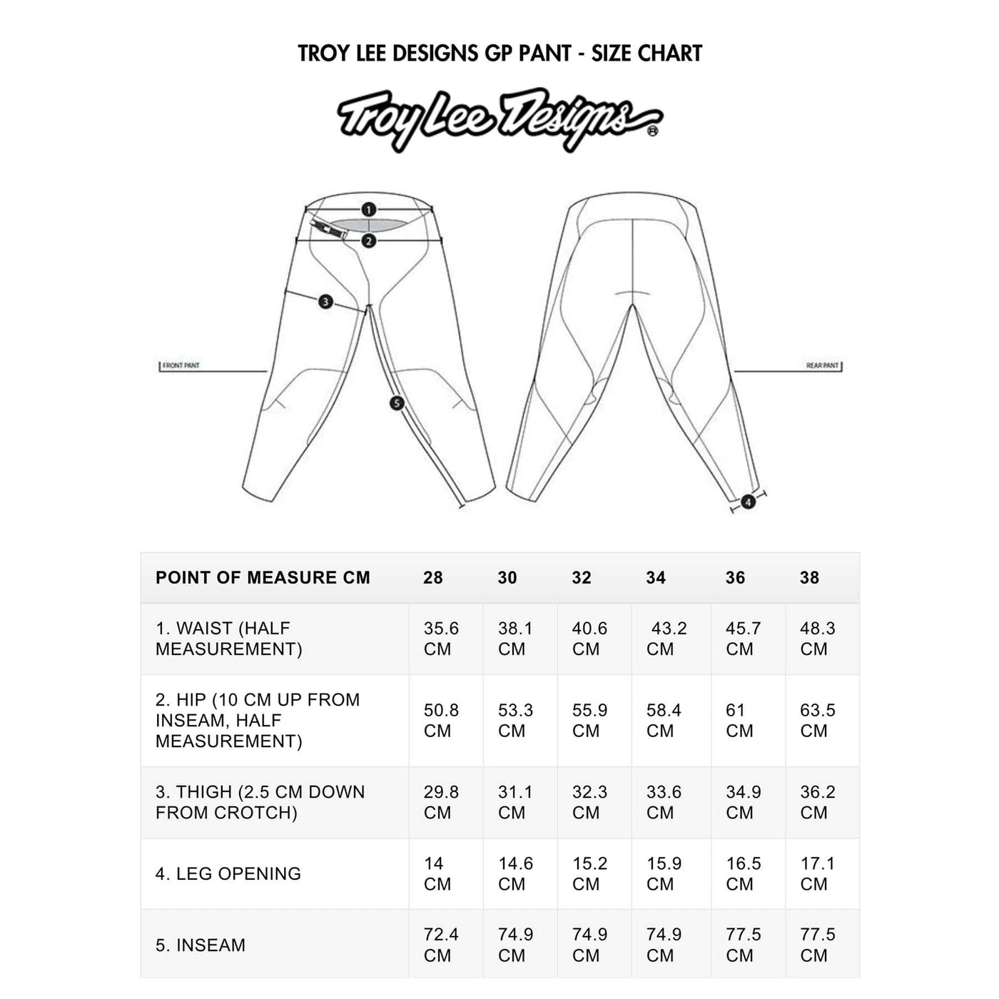 TROY LEE DESIGNS GP PANTS - SIZE CHART | 8Lines.eu - Fast Shipping, good prices!
