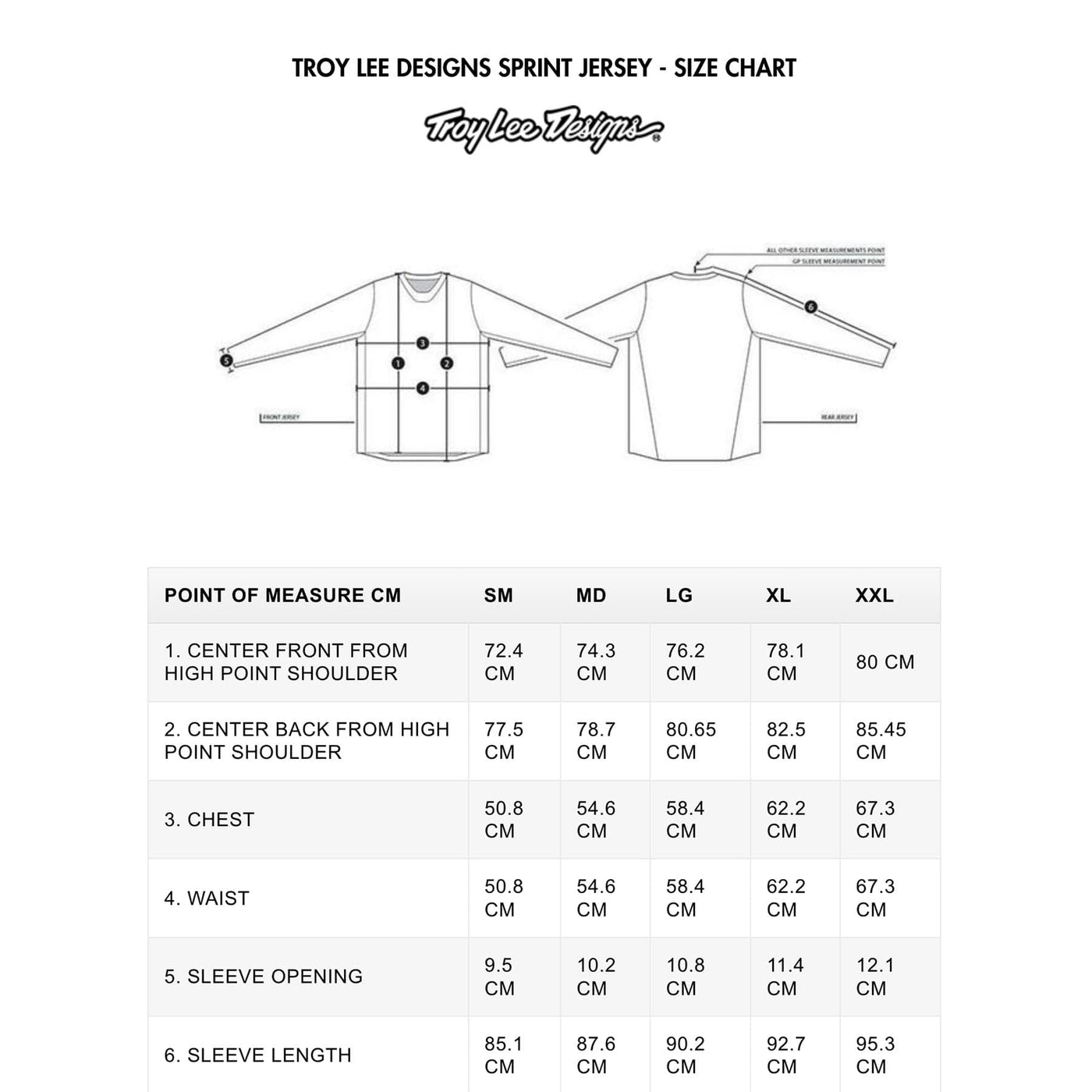 TROY LEE DESIGNS SPRINT JERSEY - SIZE CHART | 8Lines.eu - Fast Shipping!