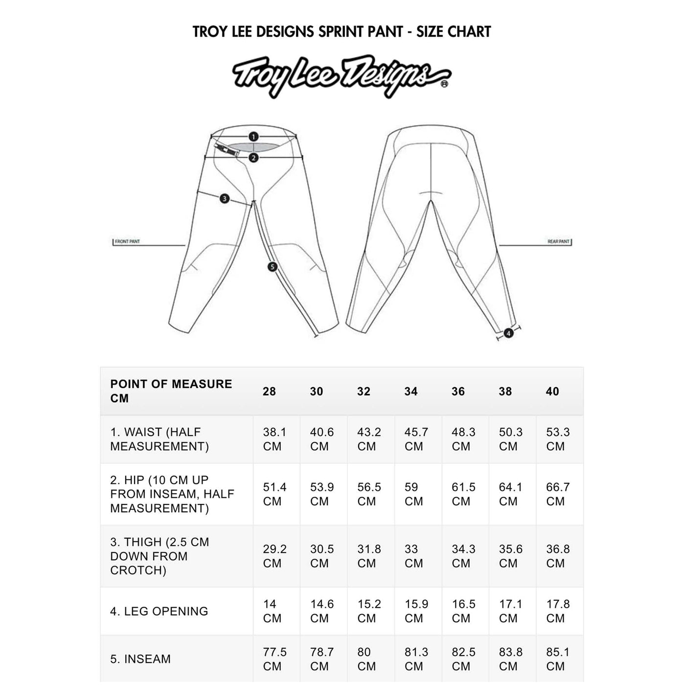 TROY LEE DESIGNS SPRINT PANT - SIZE CHART |  8Lines.eu