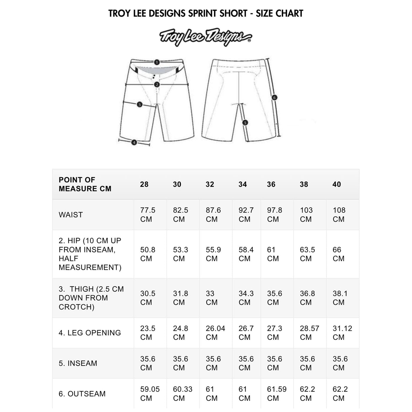 TROY LEE DESIGNS SPRINT SHORT - SIZE CHART | 8Lines.eu - fast shipping