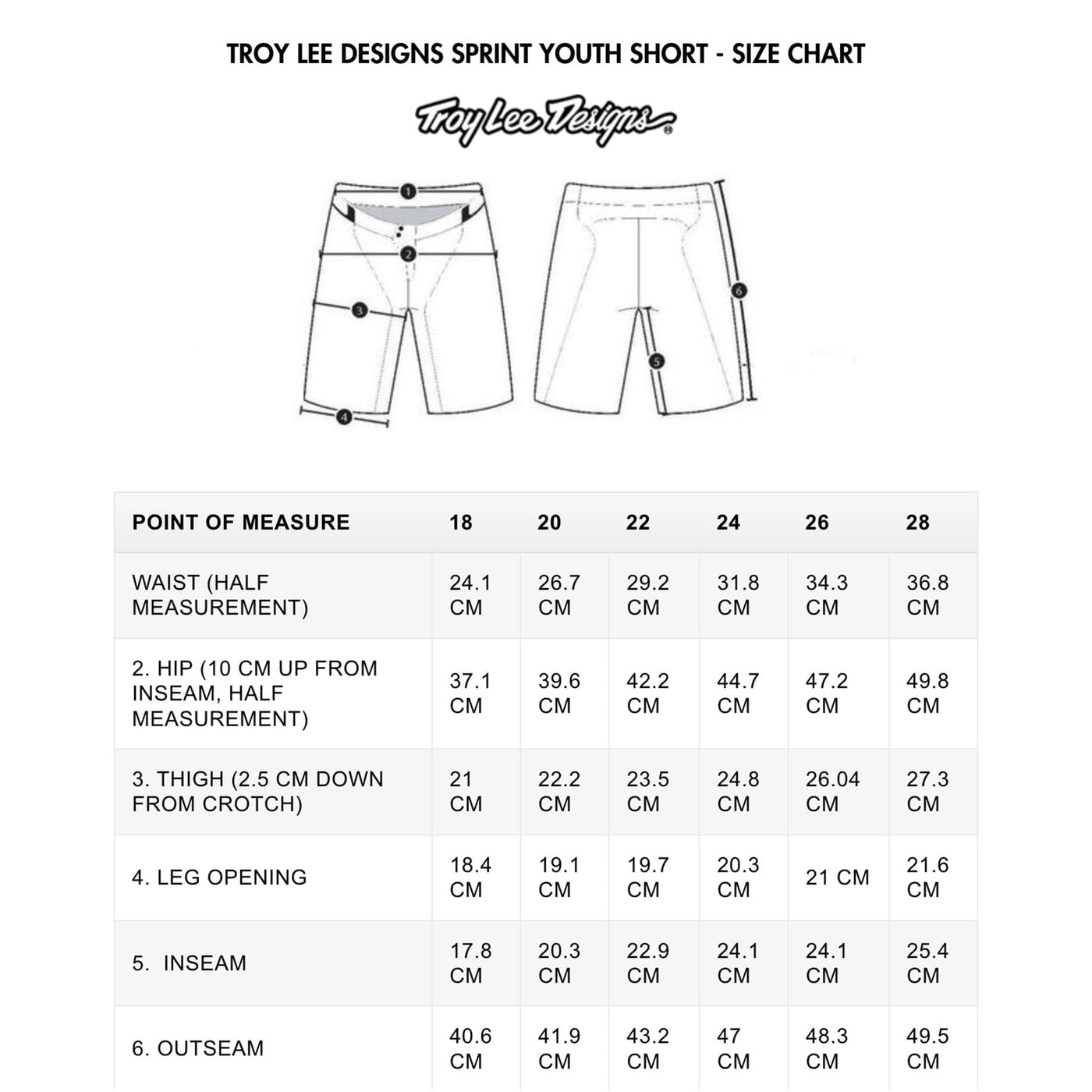 TROY LEE DESIGNS SPRINT YOUTH SHORT - SIZE CHART | 8Lines.eu - Fast Shipping
