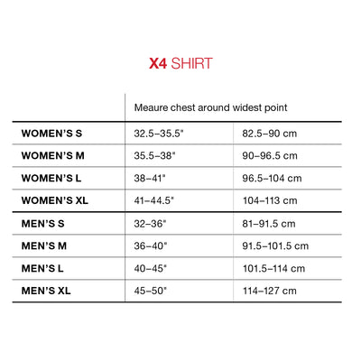 G-Form Impact Protection Shirt Pro-X4 Size Chart | 8Lines Shop - Fast Shipping World Wide