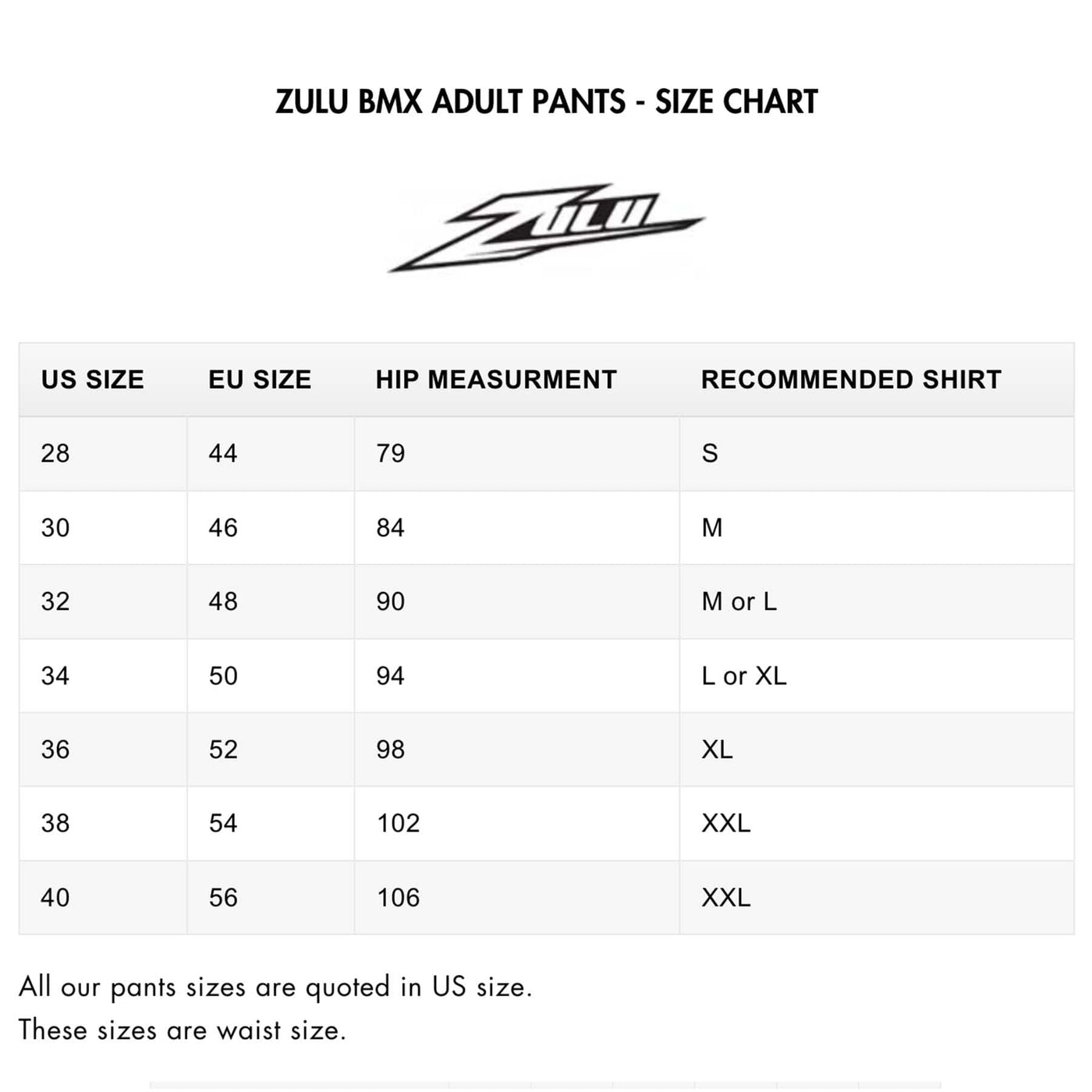 ZULU BMX ADULT PANTS - SIZE CHART | 8Lines.eu
