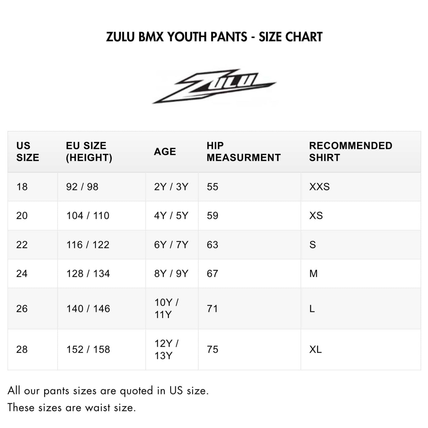 ZULU BMX YOUTH PANTS - SIZE CHART | 8Lines.eu