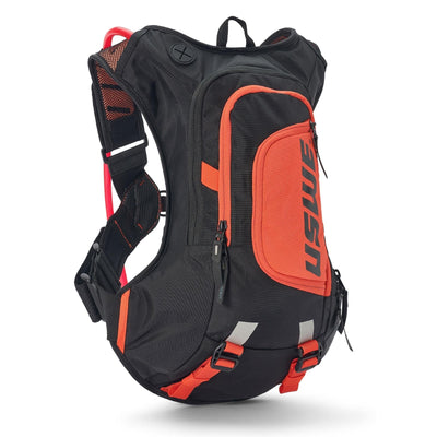 USWE MOTO Hydro 12L Hydration System Backpack - Black/Factory Orange, ergonomic design, lightweight, secure fit, ideal for biking, hiking, adventure sports, durable fabric, hydration reservoir included. | 8Lines Shop - Fast Shipping