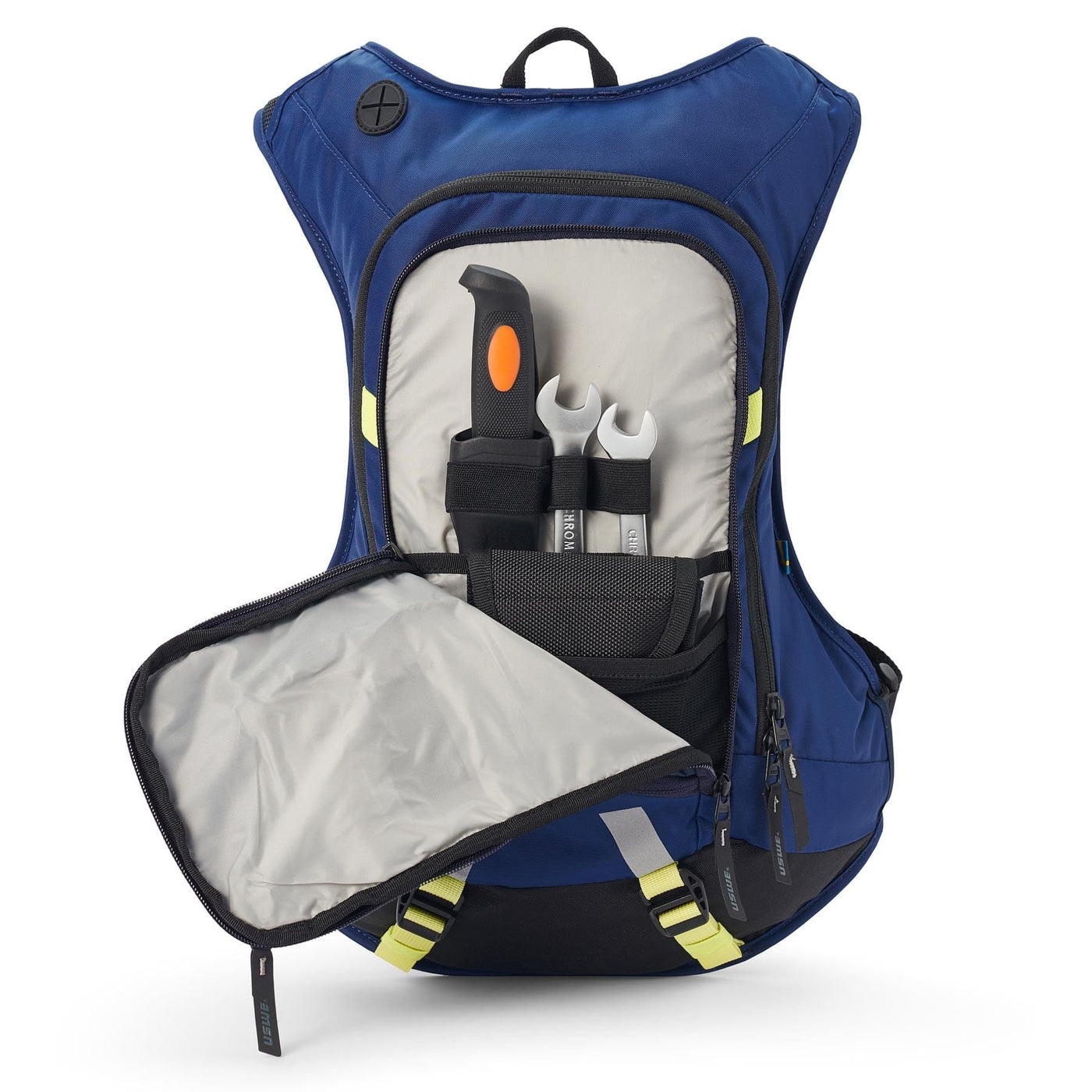 USWE MOTO Hydro 12L Hydration System Backpack - Factory Blue, interior view with tools neatly organized in dedicated compartments, ideal for mechanics or adventure riders, durable and accessible storage design |8Lines Shop - Fast Shipping