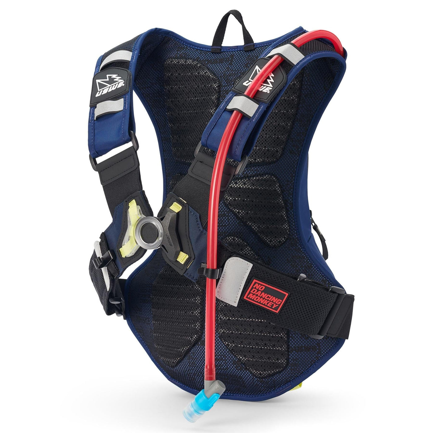 Back view of USWE MOTO Hydro 12L Hydration System Backpack - Factory Blue, featuring No Dancing Monkey harness system, hydration tube with bite valve, breathable mesh, ideal for outdoor sports, secure and comfortable fit. | 8Lines Shop - Fast Shipping